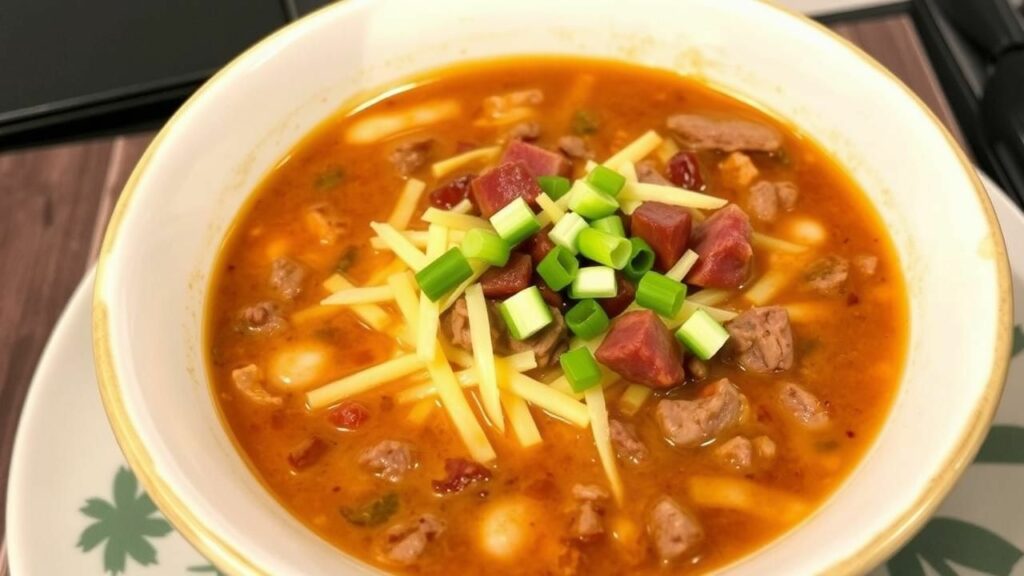 Asian-Inspired Beef and Bacon Cheeseburger Soup Recipe