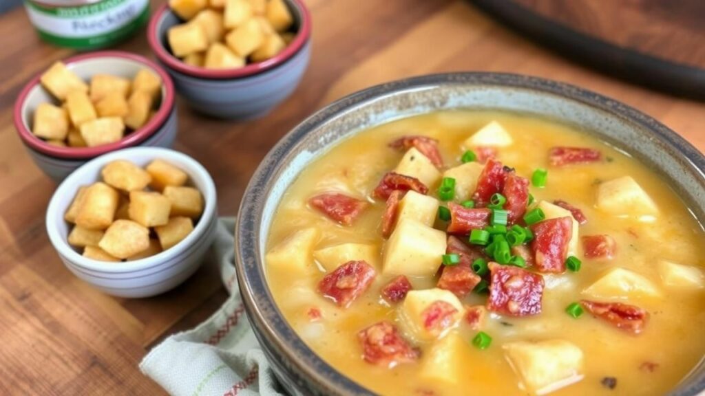 Beef Bacon Cheeseburger Soup with Crispy Potatoes Recipe