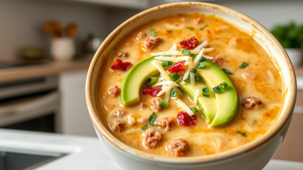 Beef and Bacon Cheeseburger Soup with Avocado Recipe