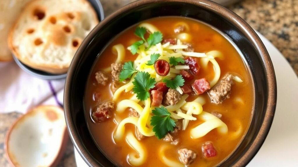 Beef and Turkey Bacon Cheeseburger Noodle Soup Recipe