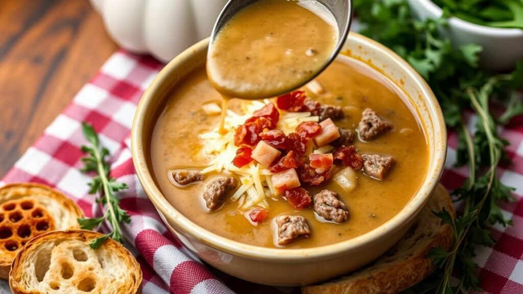 Beef and Turkey Bacon Cheeseburger Soup Recipe