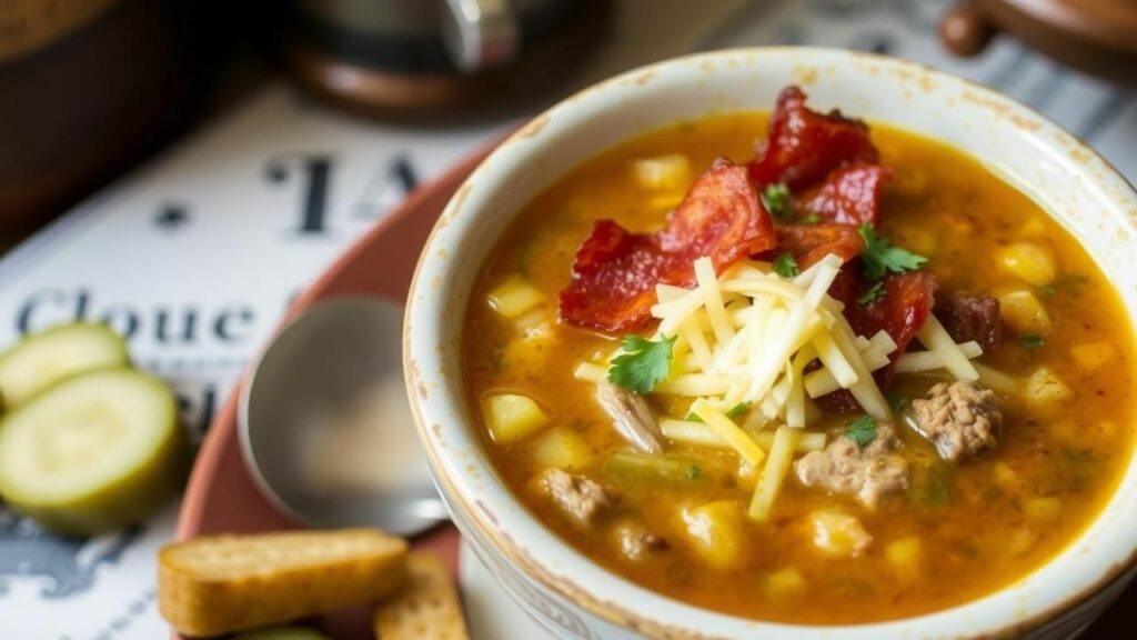 Beef and Turkey Bacon Cheeseburger Soup with Pickles Recipe