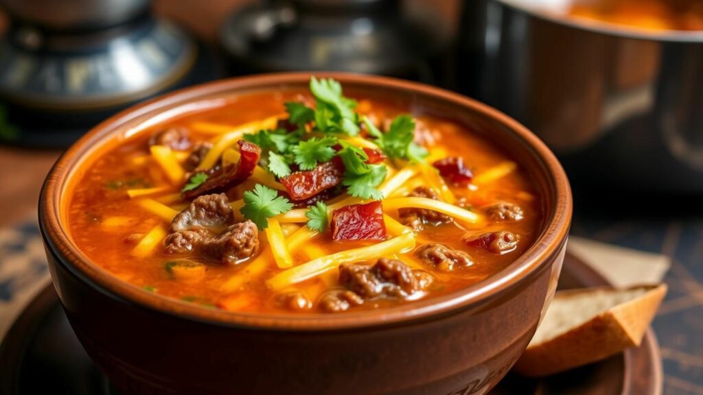 Smoky Chipotle Beef and Bacon Cheeseburger Soup Recipe